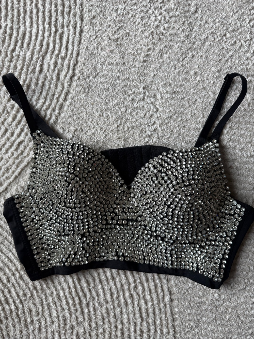 Embellished Black Diamond Rhinestone Bustier Crop Top Push Up Bra Size Large - Picture 15 of 16